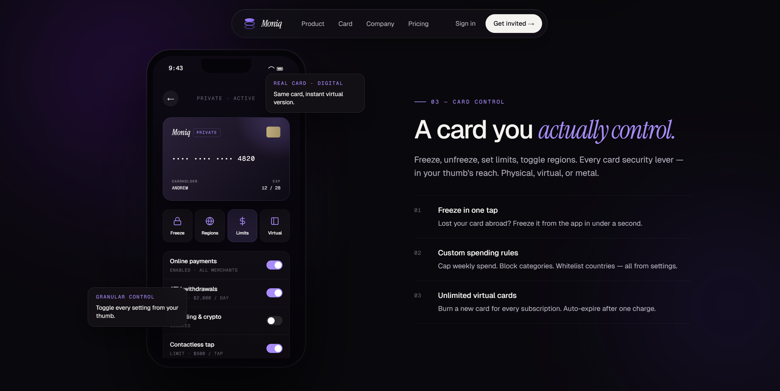 Moniq — fintech card product